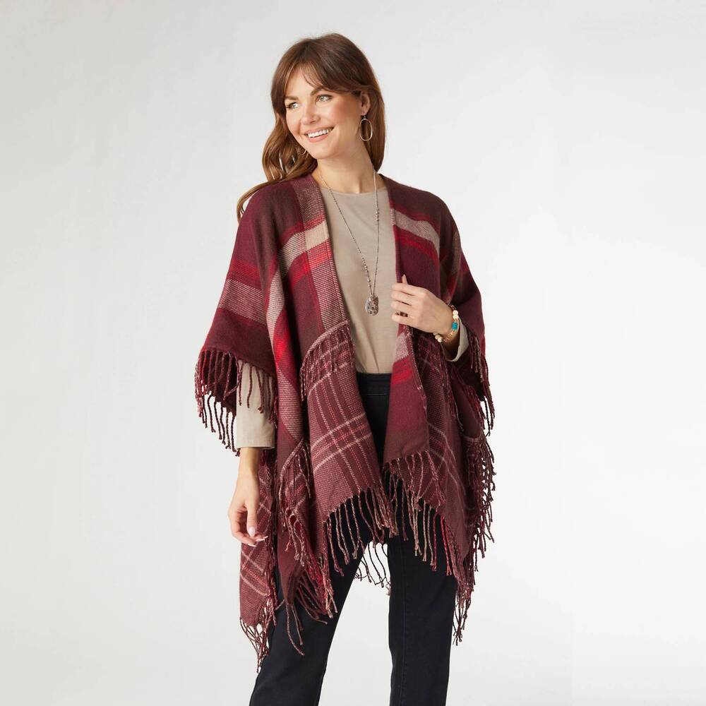 NEW COCO + CARMEN brooke cardigan with double fringe in wine plaid